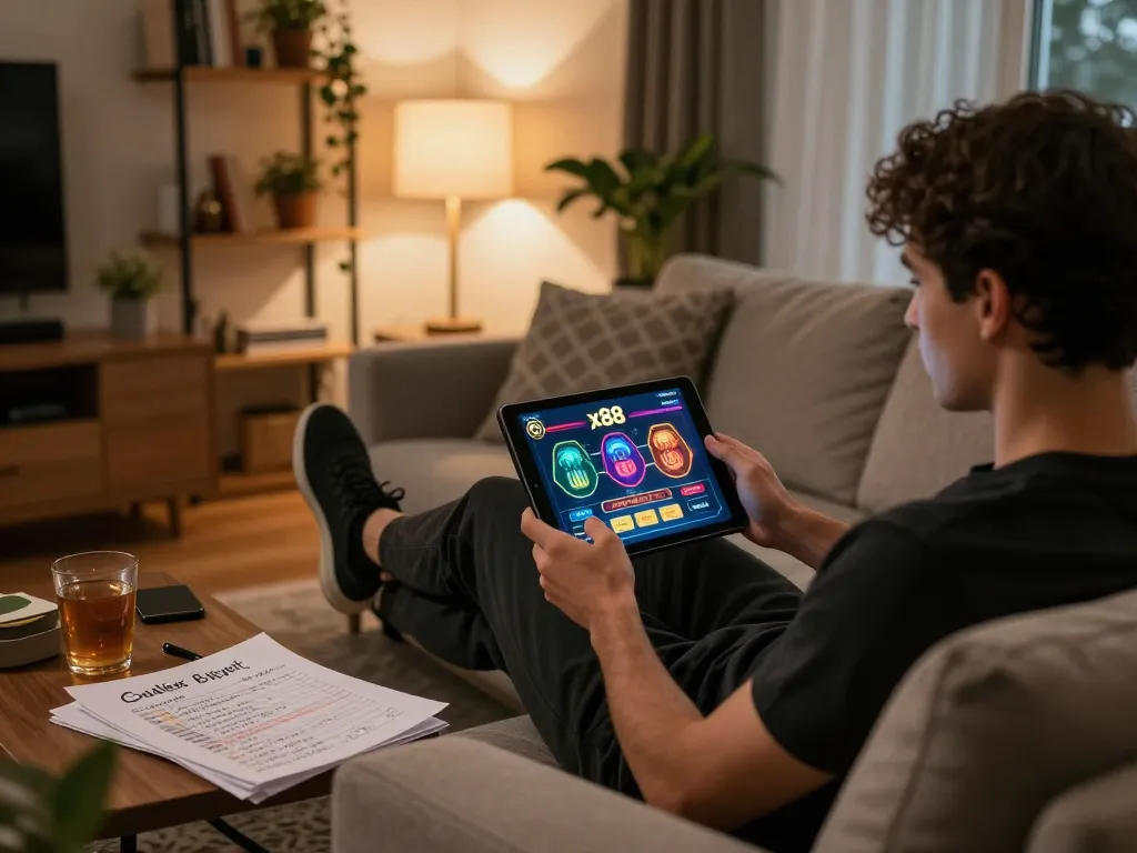 x88 player engaging in online casino gameplay on tablet at cozy home setting