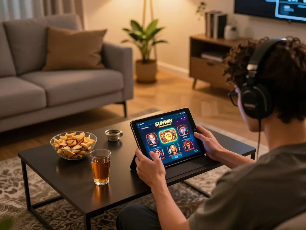 Engaging user playing on Sunwin online casino app in cozy living room, emphasizing strategic gaming.