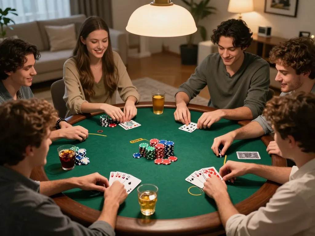 Players enjoying a poker game at home, showcasing lively interaction and strategic gameplay at 789club.