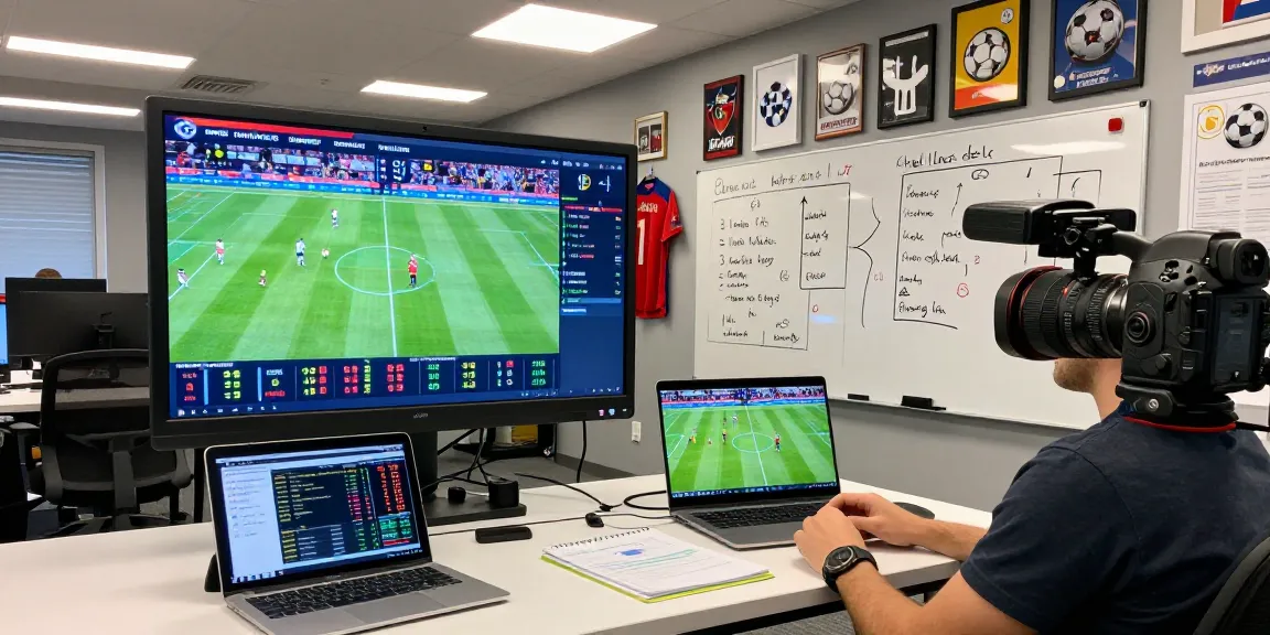 Football analyst at work reviewing Bongdata statistics and odds in a vibrant sports office.