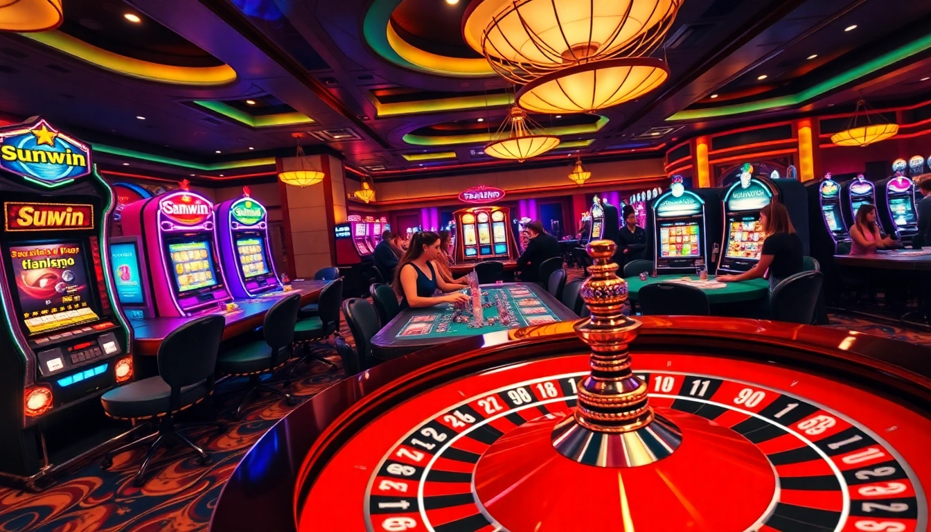 Engaging gamblers at Sunwin's vibrant casino with colorful slots and lively poker action.
