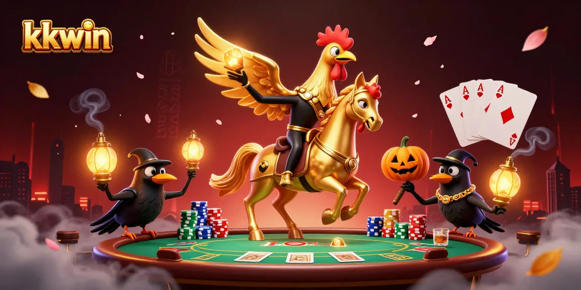Experience the thrill of kkwin casino with a golden rooster and spectral horse in a vibrant gaming atmosphere.