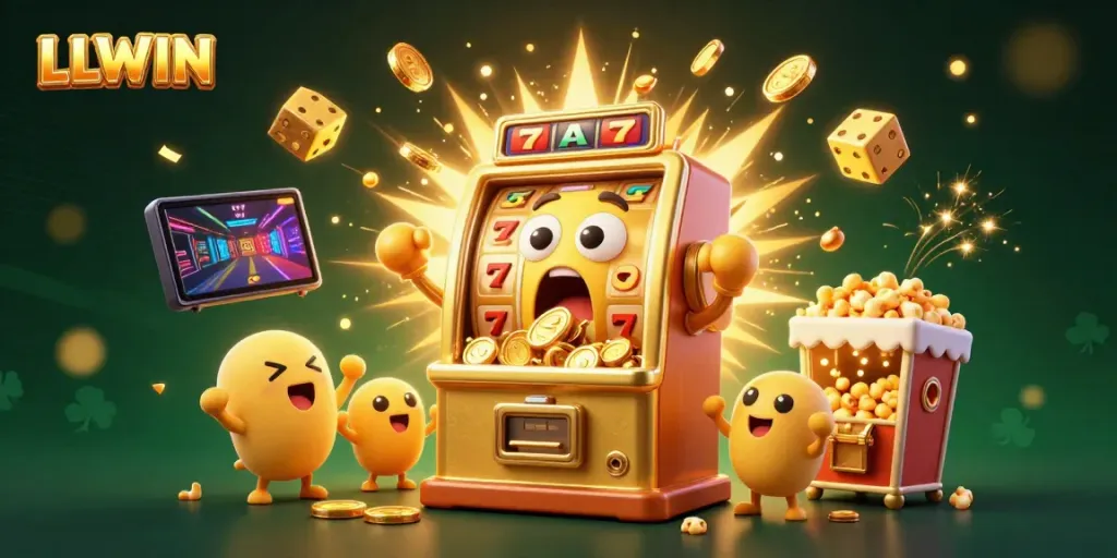 LLWIN slot machine hitting jackpot, coins pouring out, with cheering baby slots and popcorn machine