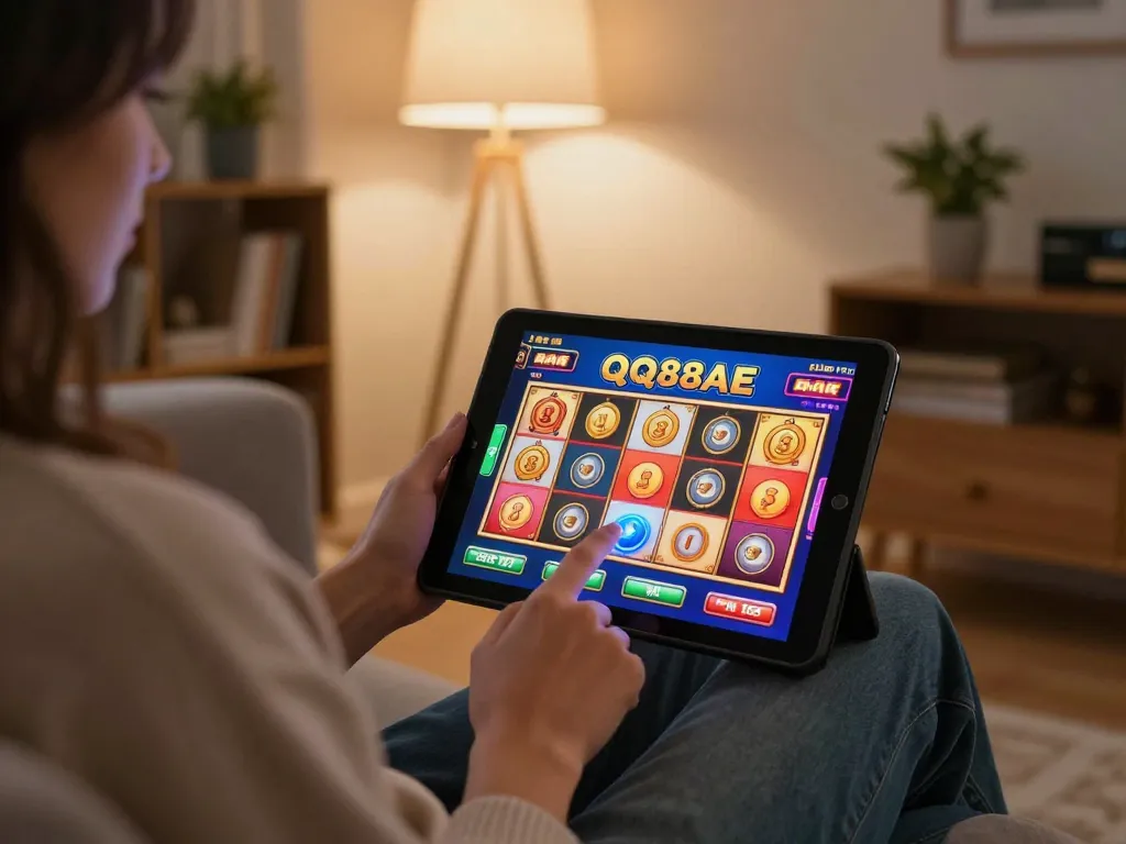 Engaging in strategic online slot gaming at QQ88AE from a cozy home setup.