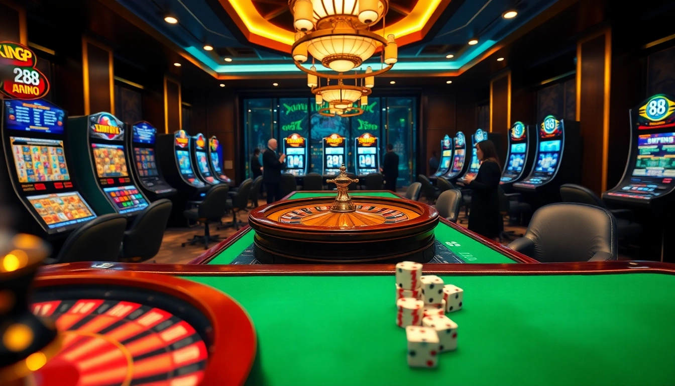 Experience the thrill of king 88 with an elegant casino scene featuring vibrant gaming tables and high-stakes action.