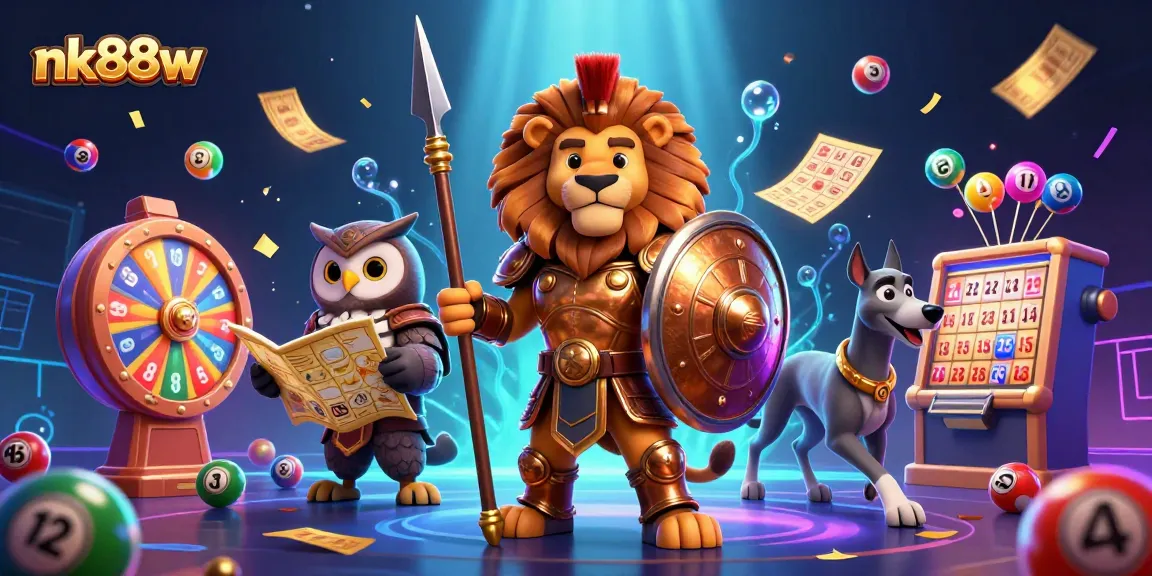 Win big with nk88w in this vibrant 3D casino scene featuring a Spartan lion, owl strategist, and greyhound messenger.