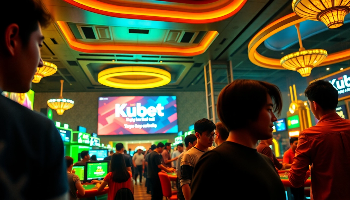 Vibrant casino scene highlighting Khuyến Mãi Kubet88 – Ưu Đãi Vàng Dành Riêng Cho Thành Viên with digital displays and diverse players.