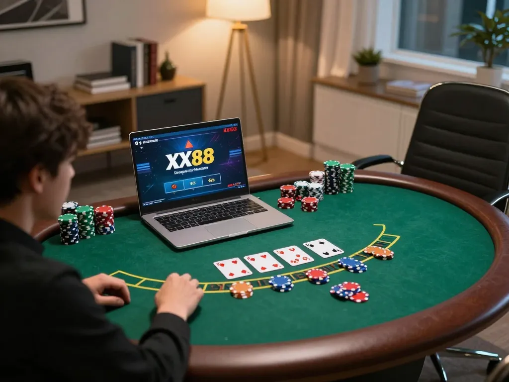 Gamer enjoying live dealer blackjack on XX88, highlighting strategic online play and engaging atmosphere.