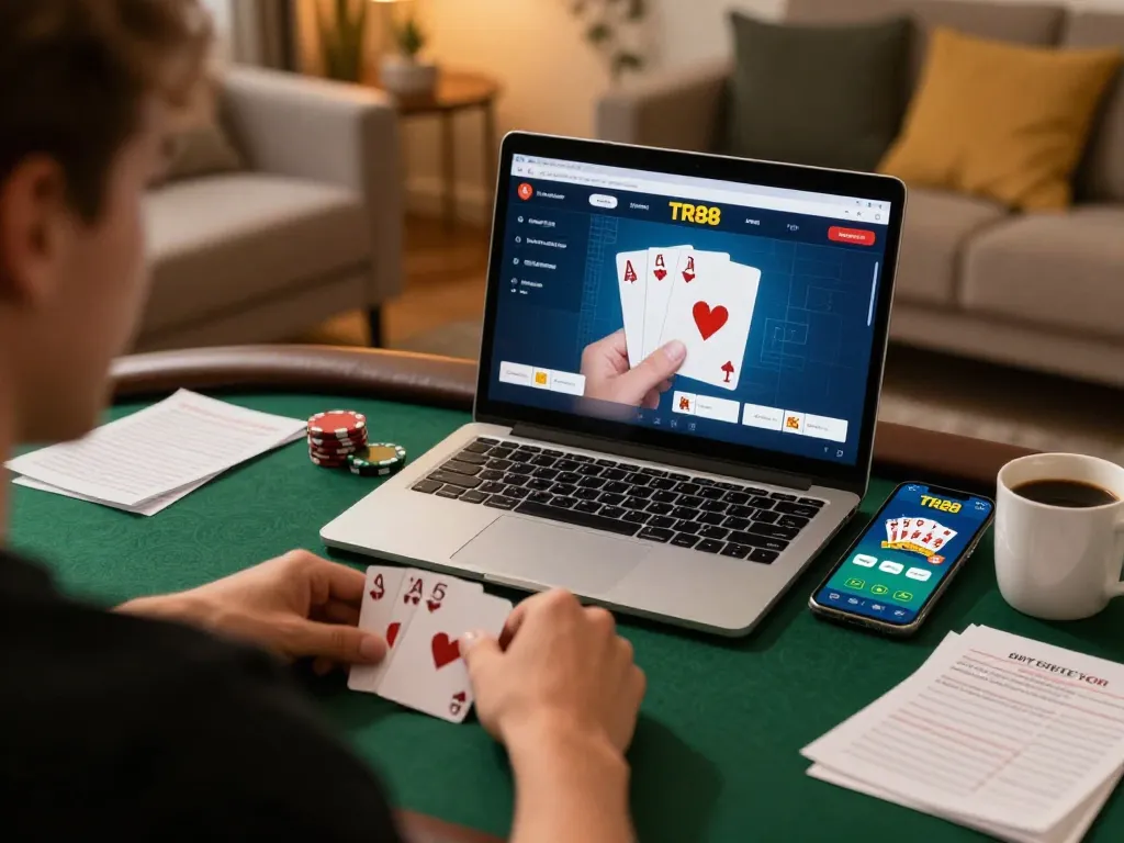 Player focused on online poker game at https://qtr88.com/, showcasing strategy notes and casino app.