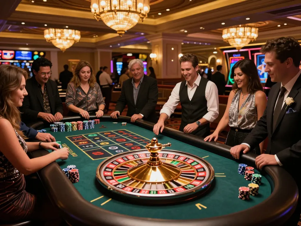 Players strategizing and placing bets on the vibrant roulette table at a lively casino featuring mb666.