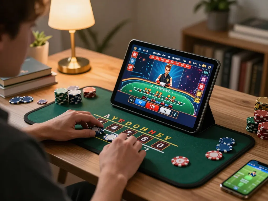 Engaged player enjoying F8BETZ live dealer blackjack on tablet, demonstrating online gambling strategies