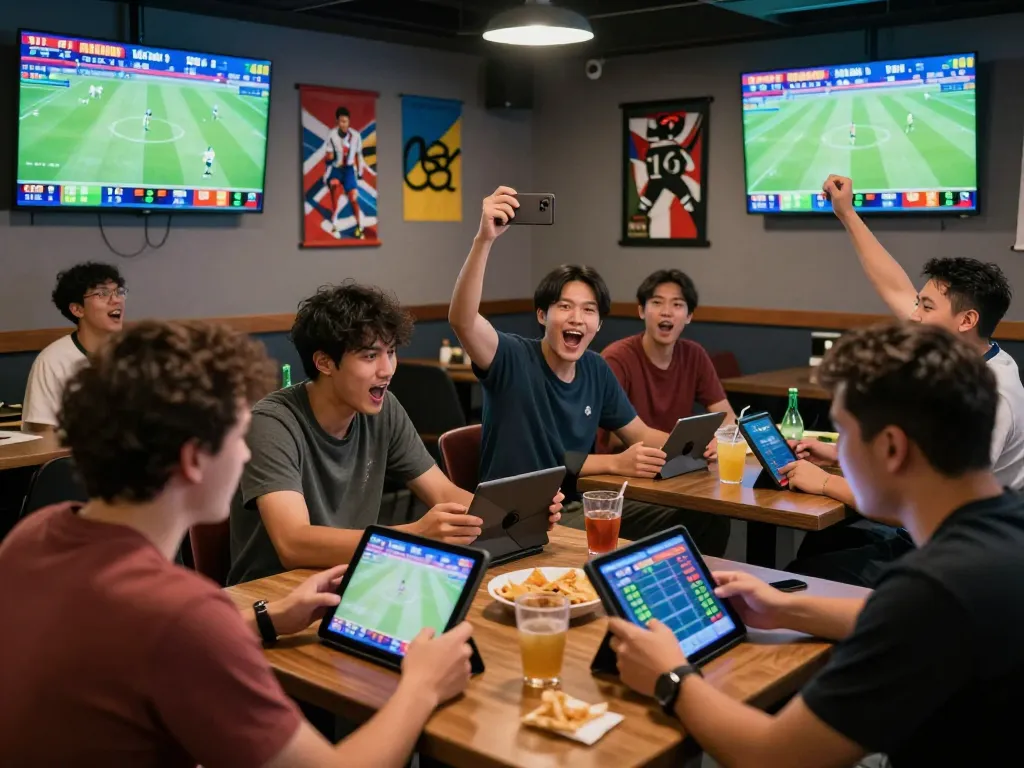 Tỷ lệ kèo bóng đá excitement in a lively sports betting lounge with fans cheering