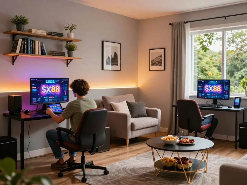 SX88 casino app showcased on a tablet, illustrating a player engaging comfortably in online gaming