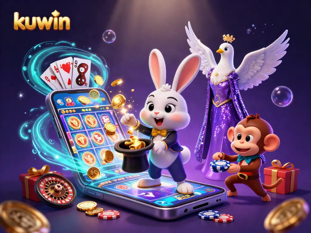 kuwin: A magician rabbit pulling coins alongside a dove and a monkey in a vibrant casino scene.