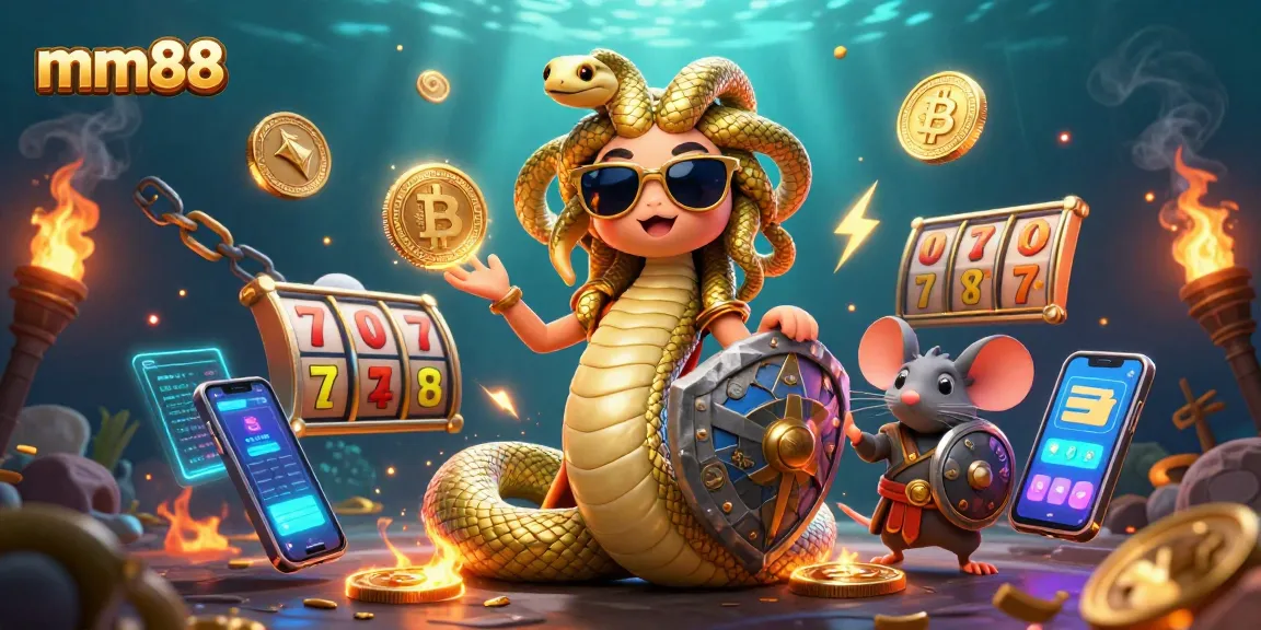 Experience the thrill with mm88 in a vibrant 3D casino scene featuring Medusa and a warrior mouse.