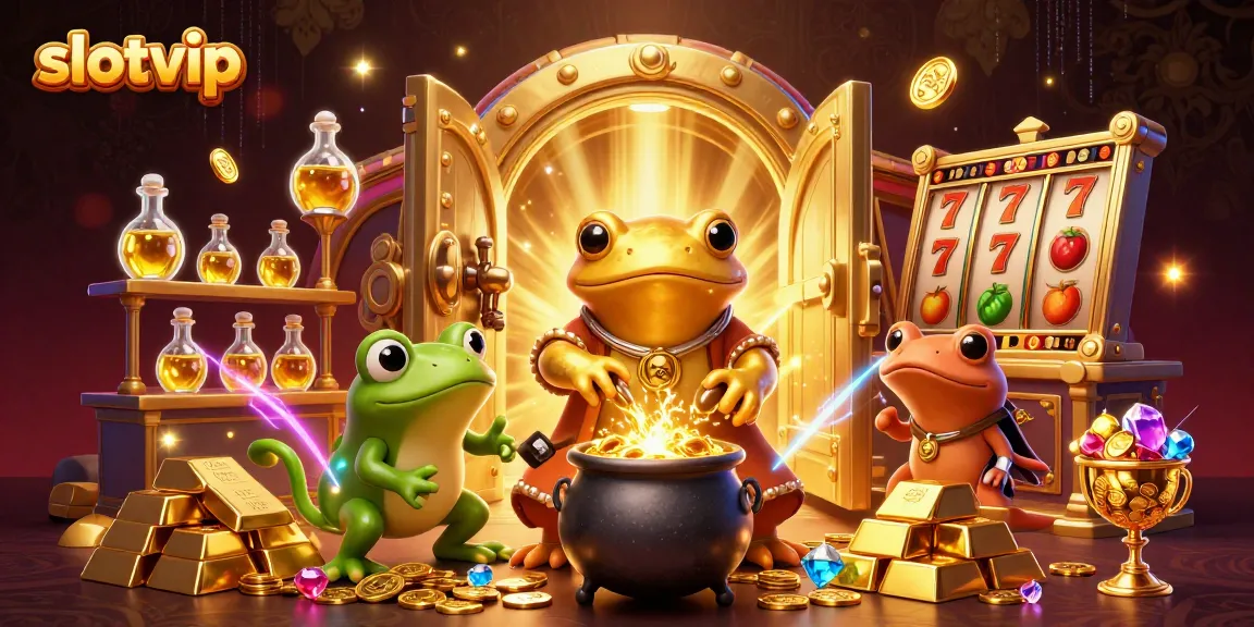 Experience exhilarating wins at slotvip with our vibrant casino scene featuring slot reels and gold treasures.