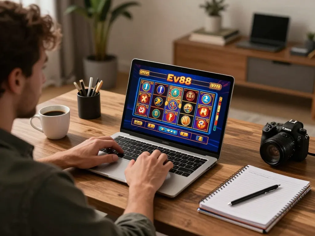 Experience exciting gameplay at Ev88 with a player engaged in slots from their comfortable home office.