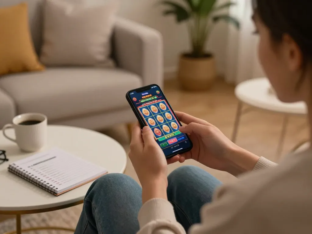 Player engaging with twin68 app on smartphone in a cozy home setting, showcasing responsible gaming.