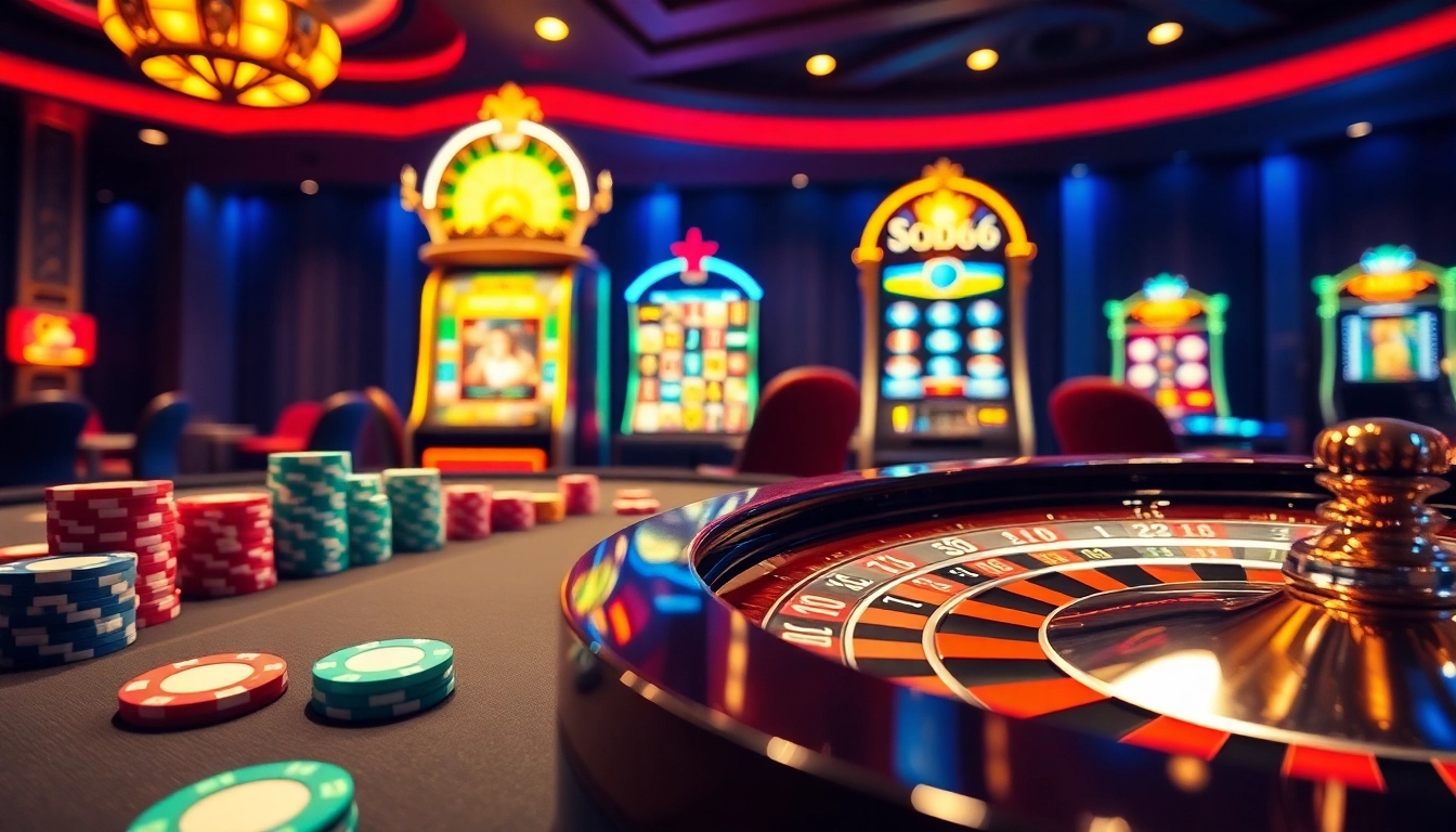 Thrilling gameplay scene featuring SODO66 casino elements such as roulette and poker chips.