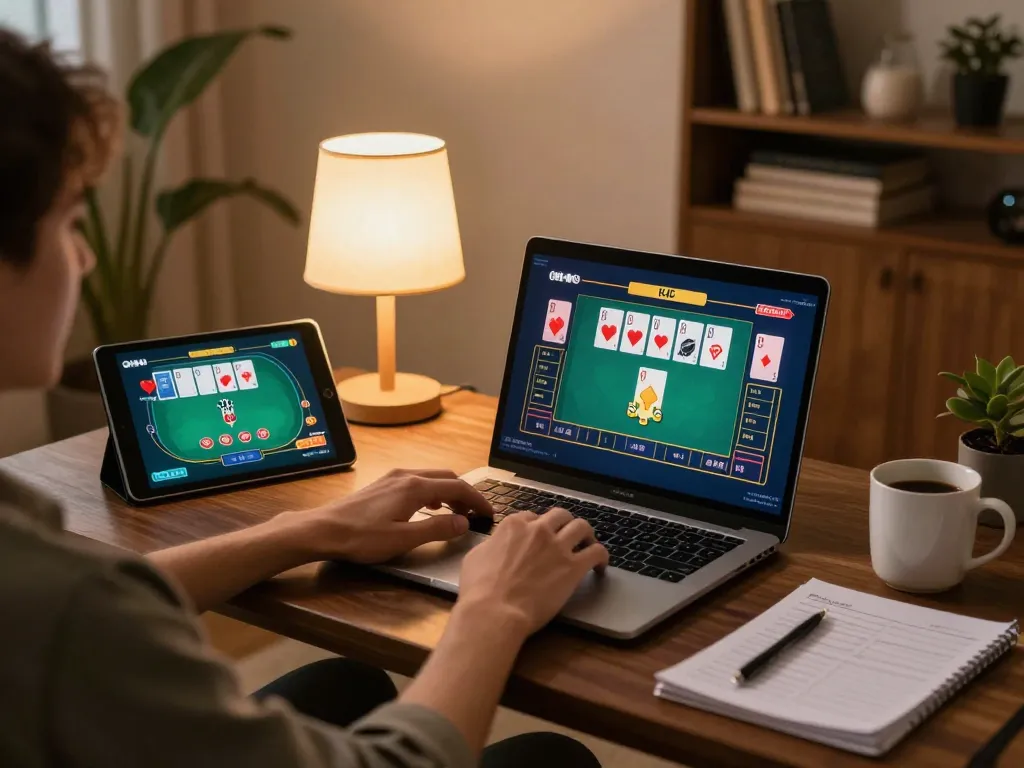 KJC user enjoying online poker experience on a cozy gaming setup at home