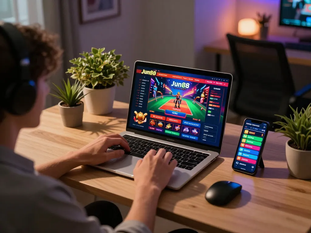 Engaging Jun88 online gaming setup showcasing poker interface on a laptop with dynamic gaming atmosphere