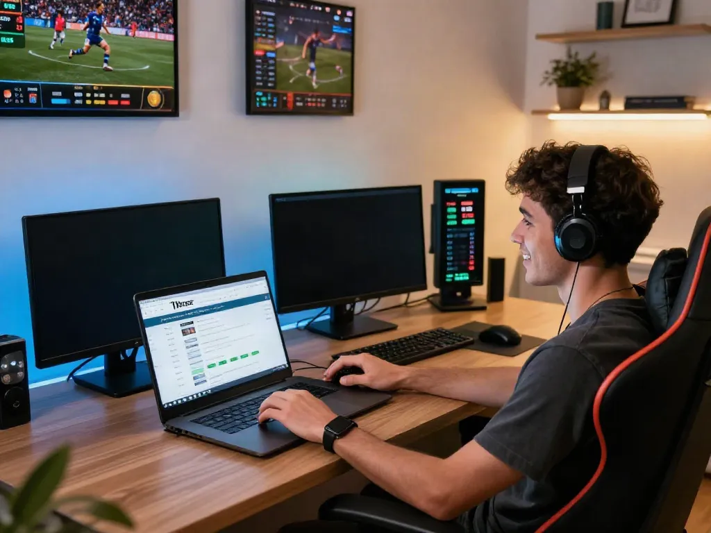 Person excitedly betting on 11bet.com in a modern gaming setup