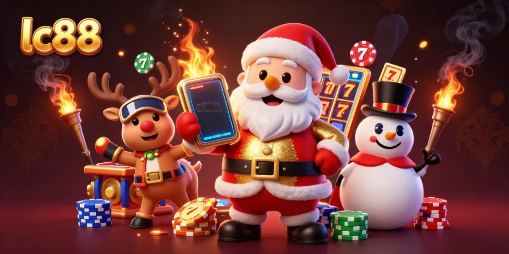 Engage with lc88's thrilling jackpot slots through a fun, vibrant casino scene featuring Santa Claus.