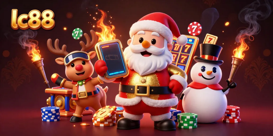 Engage with lc88's thrilling jackpot slots through a fun, vibrant casino scene featuring Santa Claus.
