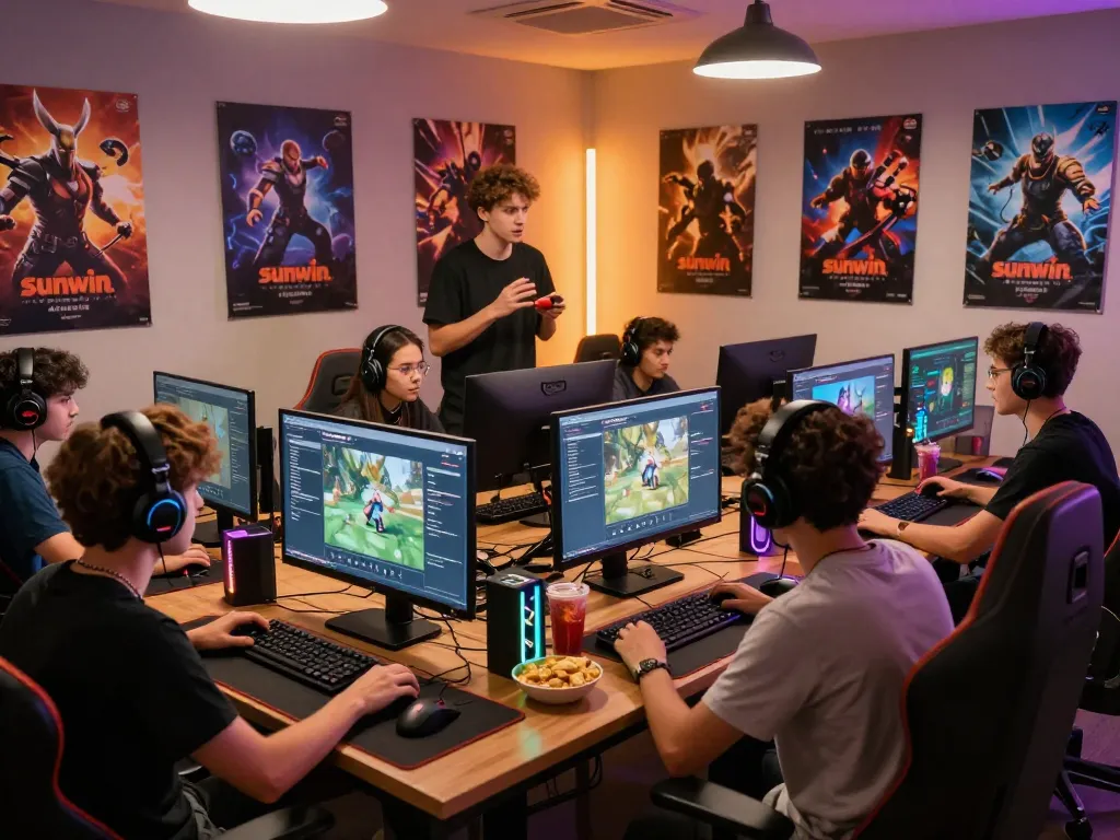 Sunwin gaming platform scene with diverse players collaborating in a vibrant gaming room.