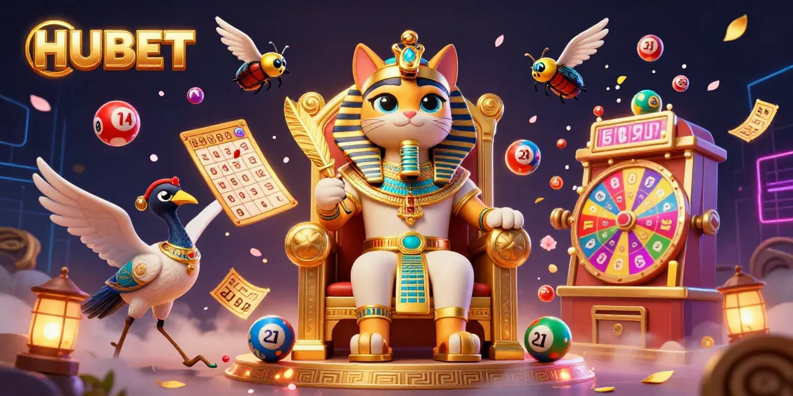 Engage with HUBET's vibrant gaming scene, featuring a 3D pharaoh cat and lottery elements in an exciting atmosphere.
