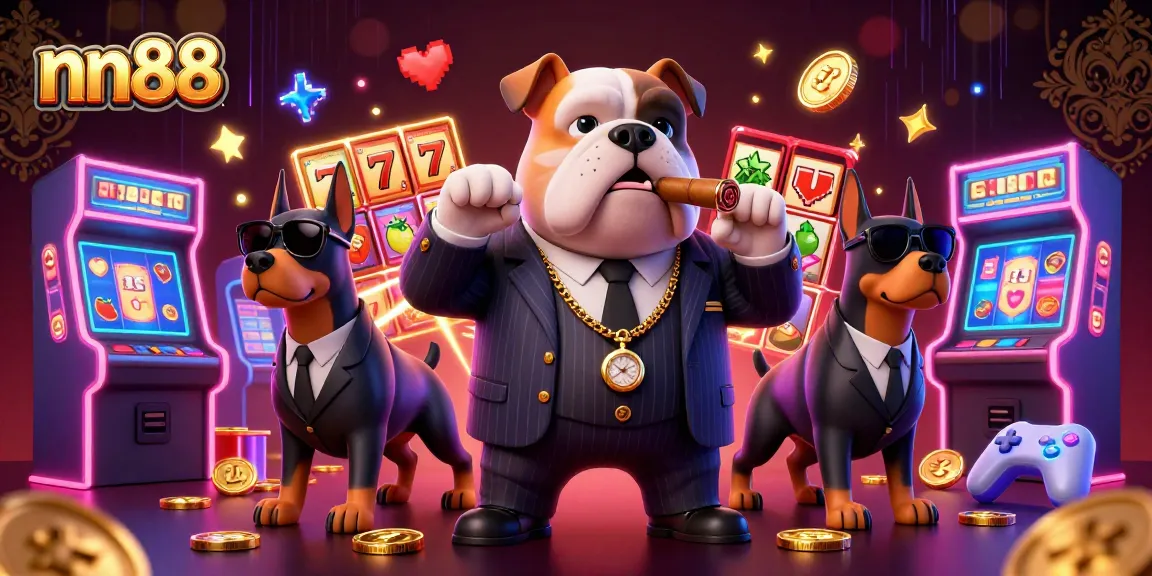 Engage with nn88's vibrant cartoon casino scene featuring a mafia bulldog and his bodyguards.