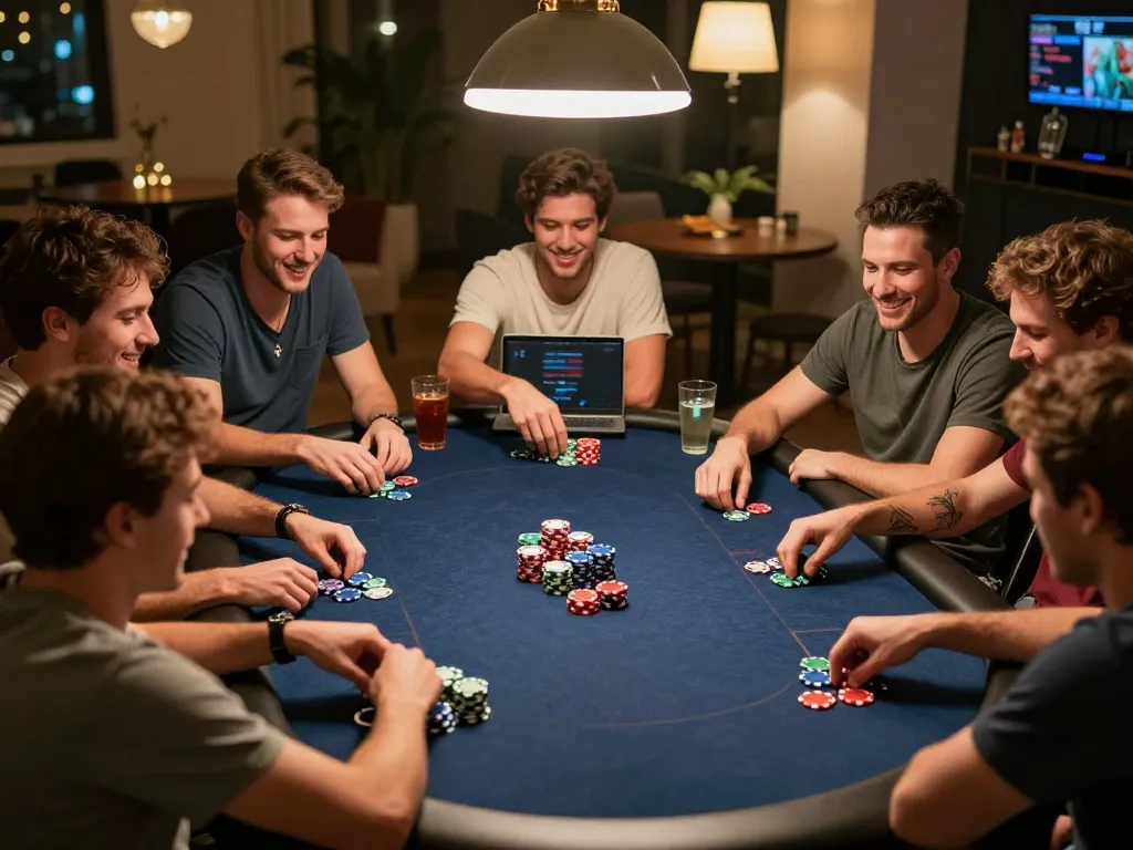 Bongdallu users enjoying an engaging home poker night with friends around a colorful table.