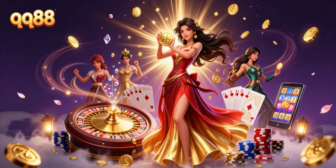 Experience the thrilling allure of qq88 with vibrant casino visuals as golden coins and gems cascade around a stunning illustration.