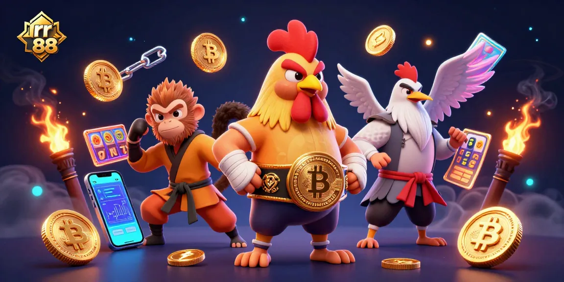 Explore the thrilling world of rr 88 with a dynamic casino scene featuring vibrant characters and crypto elements.
