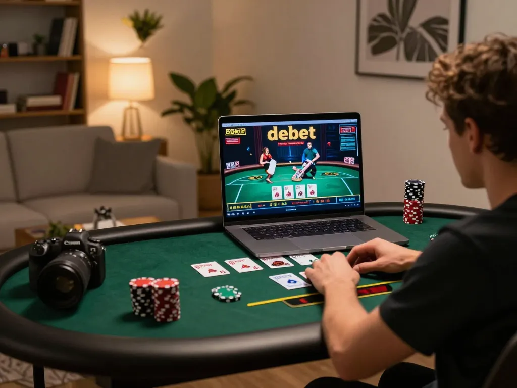 Engaging in poker strategy on debet's online platform during a dynamic live game.