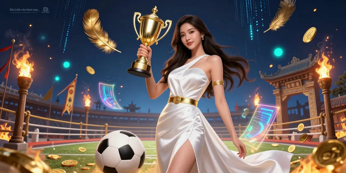 Kèo nhà cái hôm nay showcases a sports betting theme, featuring a stunning Asian woman with a trophy surrounded by dynamic betting elements.