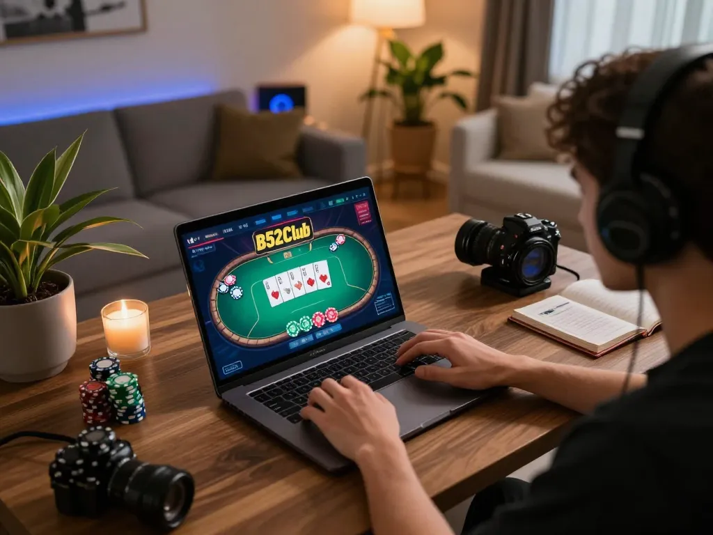 B52Club player engaged in online poker game at home with laptop and chips