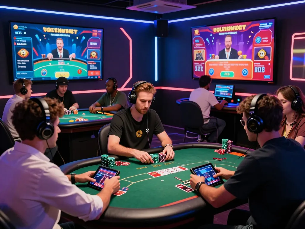 Dynamic online gaming scene, featuring bomwin players engaged in virtual poker, showcasing vibrant graphics and excitement.