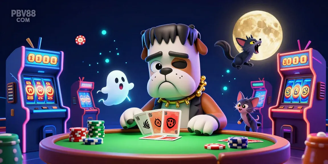 Engage in thrilling casino games at PBV88 COM with a vibrant cartoon scene of characters and colorful elements.