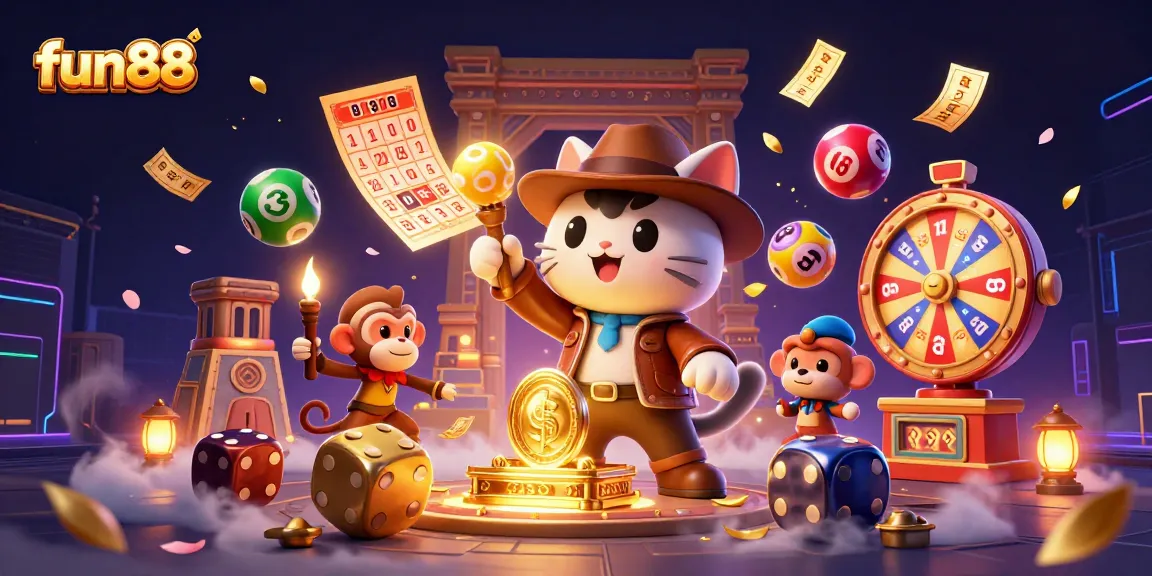Experience fun88 with a vibrant 3D scene featuring a cat archaeologist, showcasing casino artifacts and lively gambling elements.