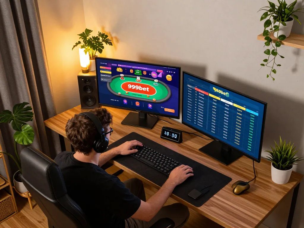 Player enjoying 999bet online casino games on multiple screens in a cozy workspace.