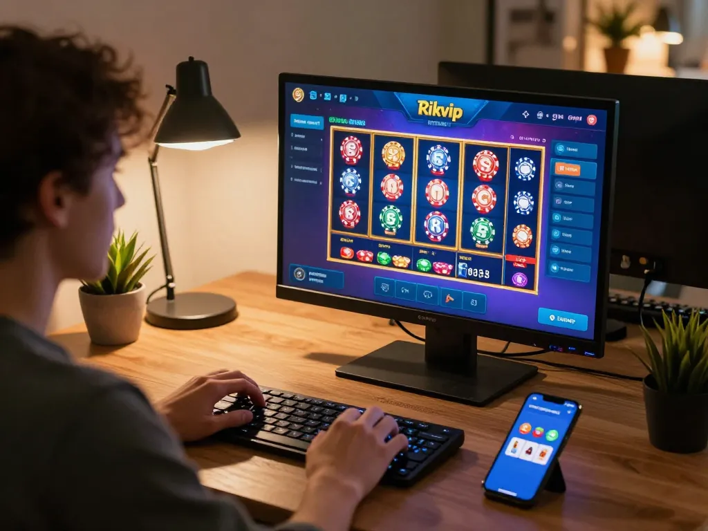 Engaging online gaming scene showcasing a user interacting with the Rikvip app on a laptop