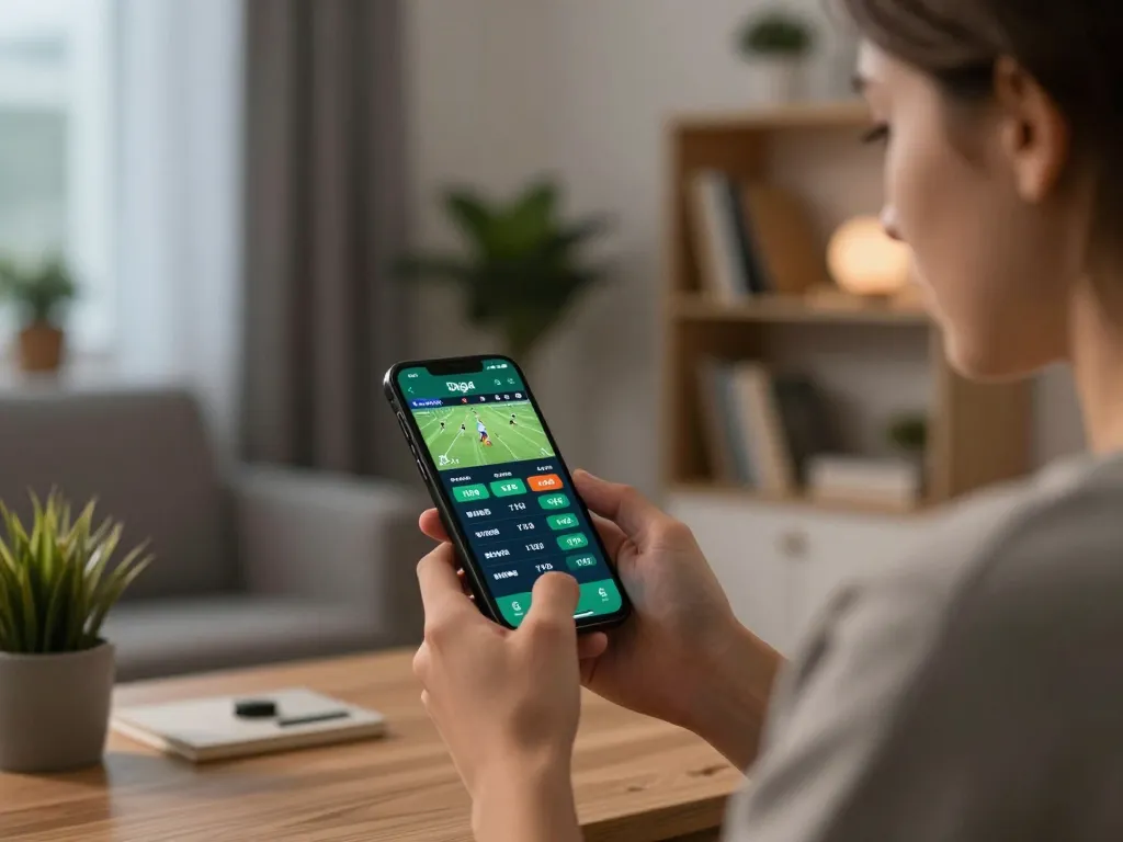 Daga online sports bettor placing live bets on a smartphone during a thrilling match