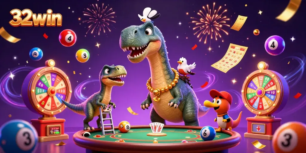 Engage in the thrilling 32win experience with lively casino elements and vibrant characters.