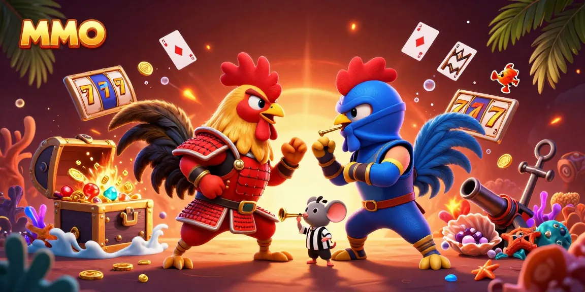 MMOO features an epic showdown between cartoon fighting roosters amidst vibrant casino elements.