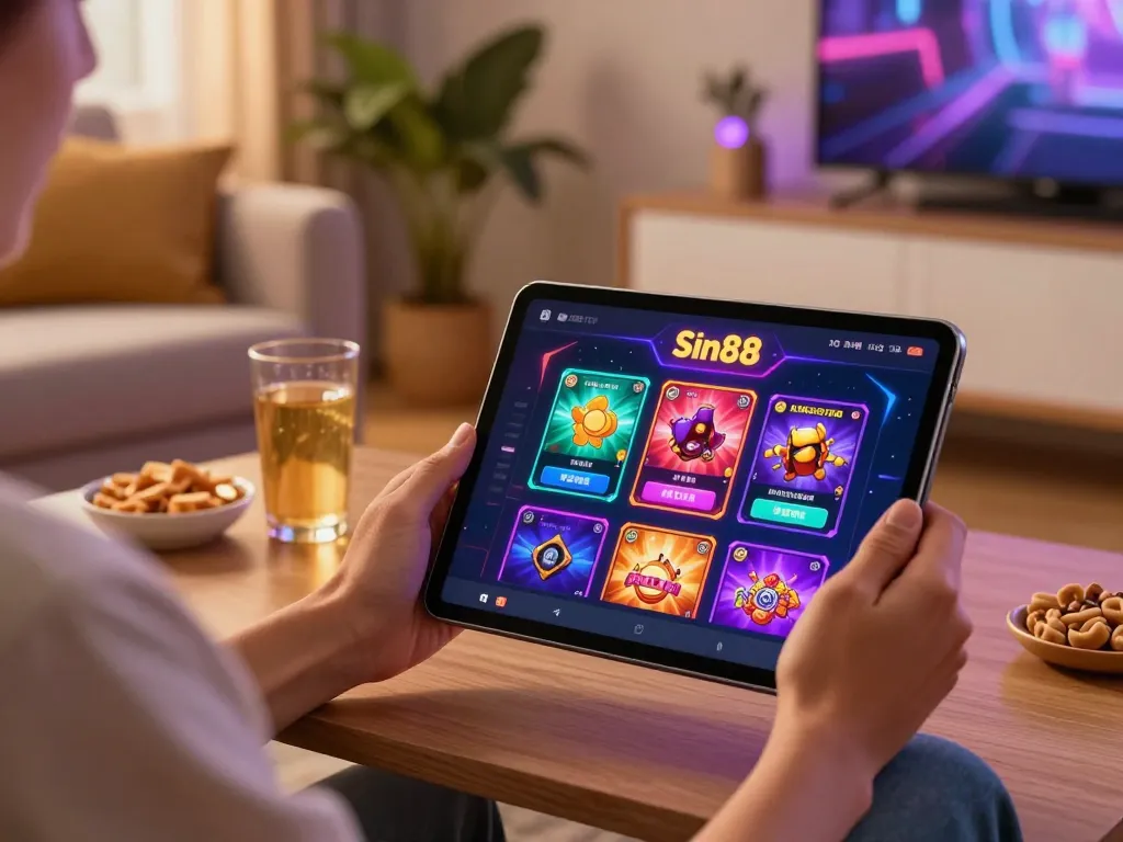 Engaging with the Sin88 casino app from a cozy home setup while enjoying snacks.