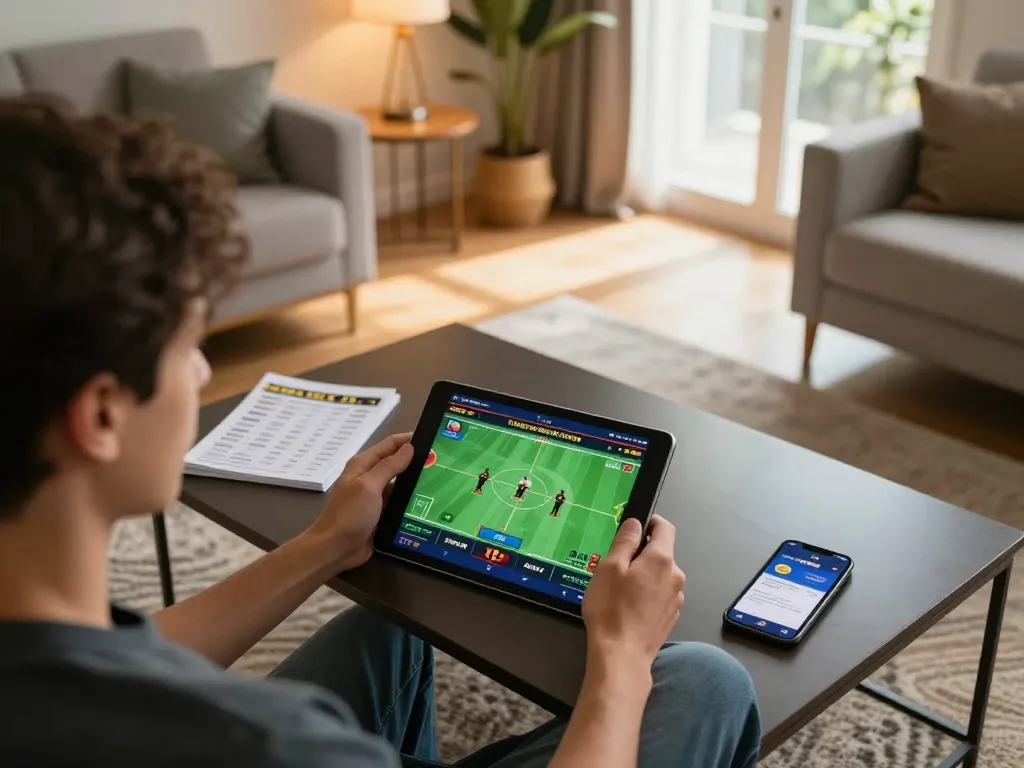 Player engaging in sports betting on net88 app while comfortably sitting at home with a tablet.