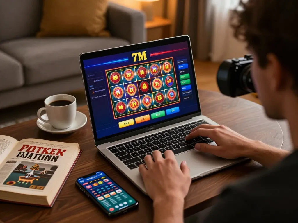Player enjoying the 7M online casino experience with vibrant slot reels on the laptop in a cozy setting.