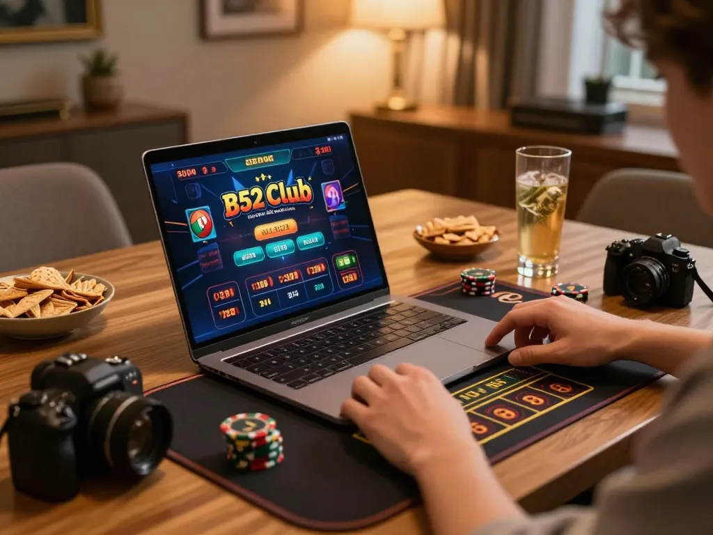 B52 Club players engaging in strategic gameplay on a laptop in a cozy home setting