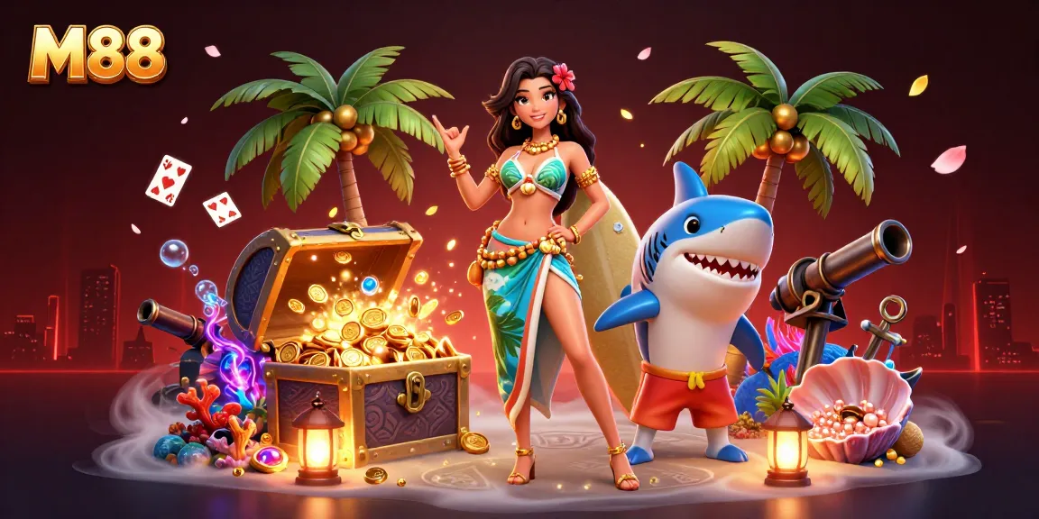 M88 casino experience with a glamorous woman and shark in a dynamic gaming scene full of treasures and excitement.